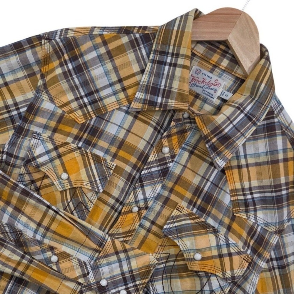True Religion Gold Plaid Mens Western Button Up Shirt XL Pearl Snap Cowboy
